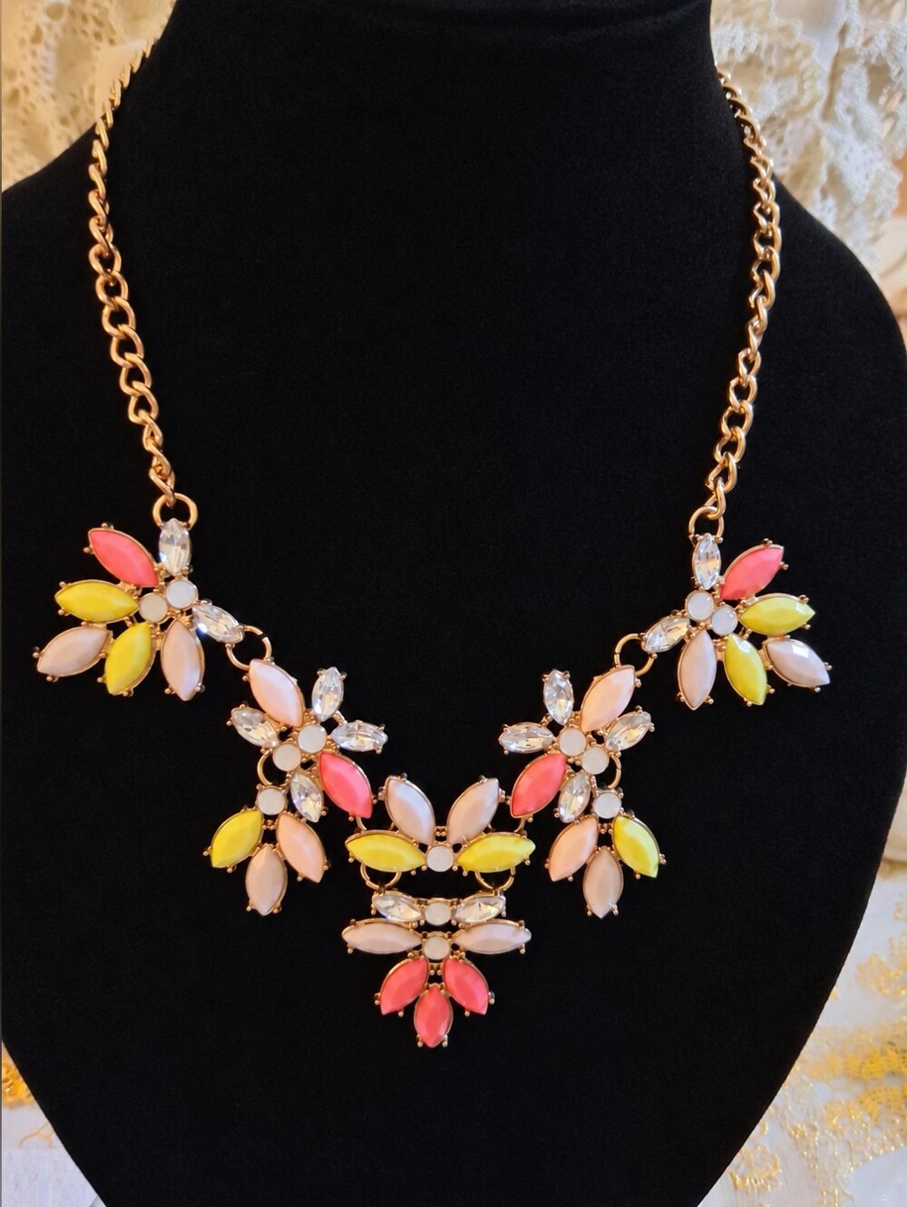 Floral Statement Necklace - Gold Chain with Pink, Yellow & Peach Stones